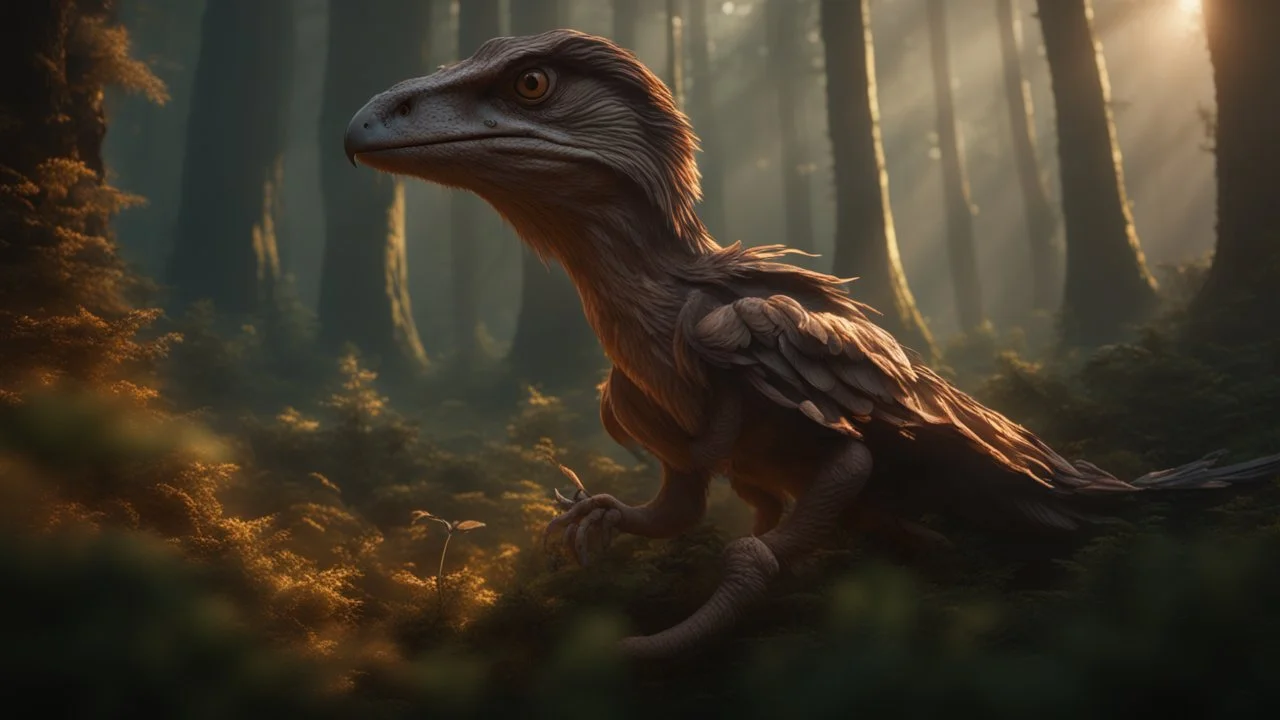 raptor with feathers in magical mushroom forest, 8k resolution, ultra detailed, unreal engine 5, masterpiece