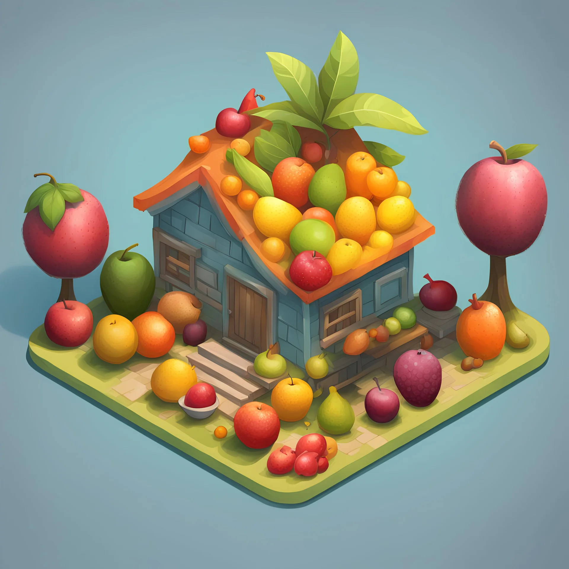 create a plate fruits into cartoonist hut style model isometric view for mobile game bright colors render game style