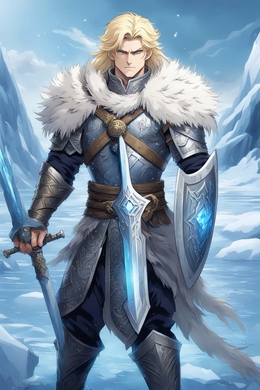 1 anime man. warrior, with blue eyes and blonde hair man in silver Viking armor with fur around the neck with blue crystal on his chest, standing in water in the artic, holding a ice sword and shield, warrior in, anime style