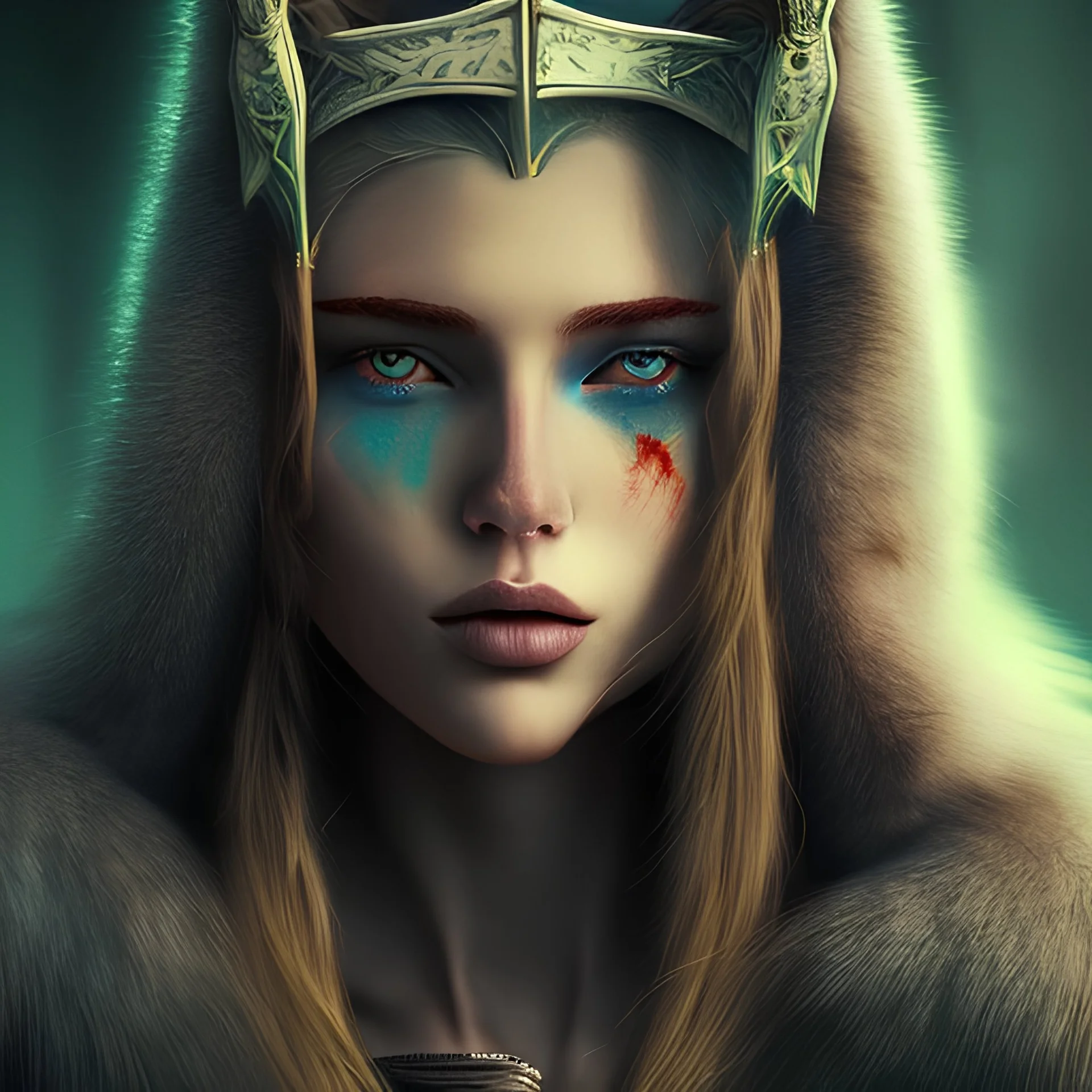 Viking, blood, sword, woman, cold, green, blue, blonde, high resolution photo