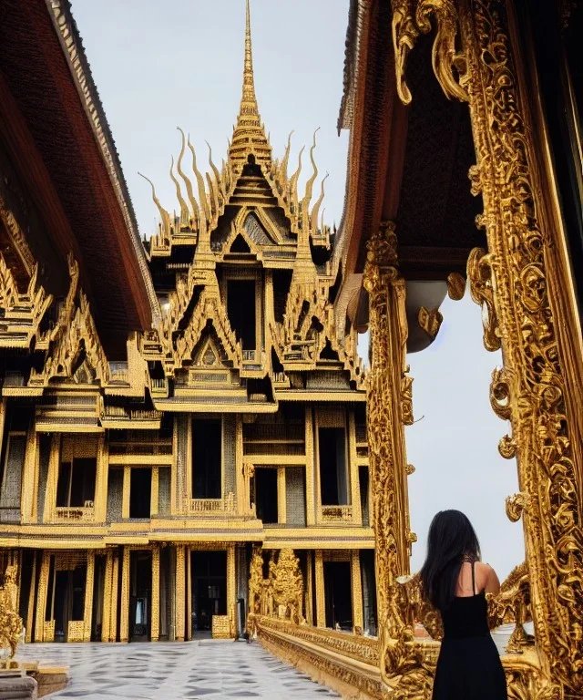 A woman stands in front of a grand palace, her eyes wide with wonder as she takes in the stunning architecture and ornate details.