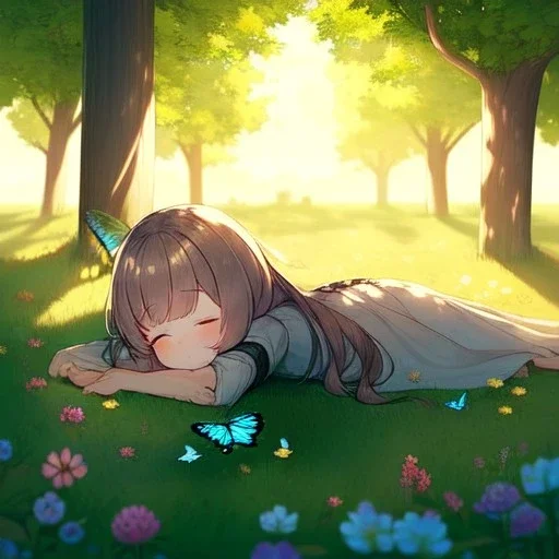 tiny anime girl sleeping in the distance, laying down in a field of flowers, underneath a willow tree, with a butterfly on her nose