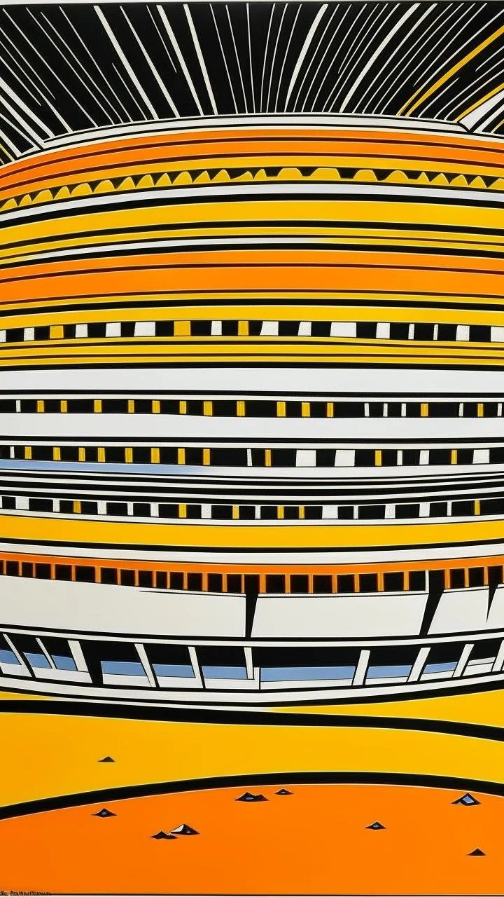 An orange colored fighters' coliseum painted by Roy Lichtenstein