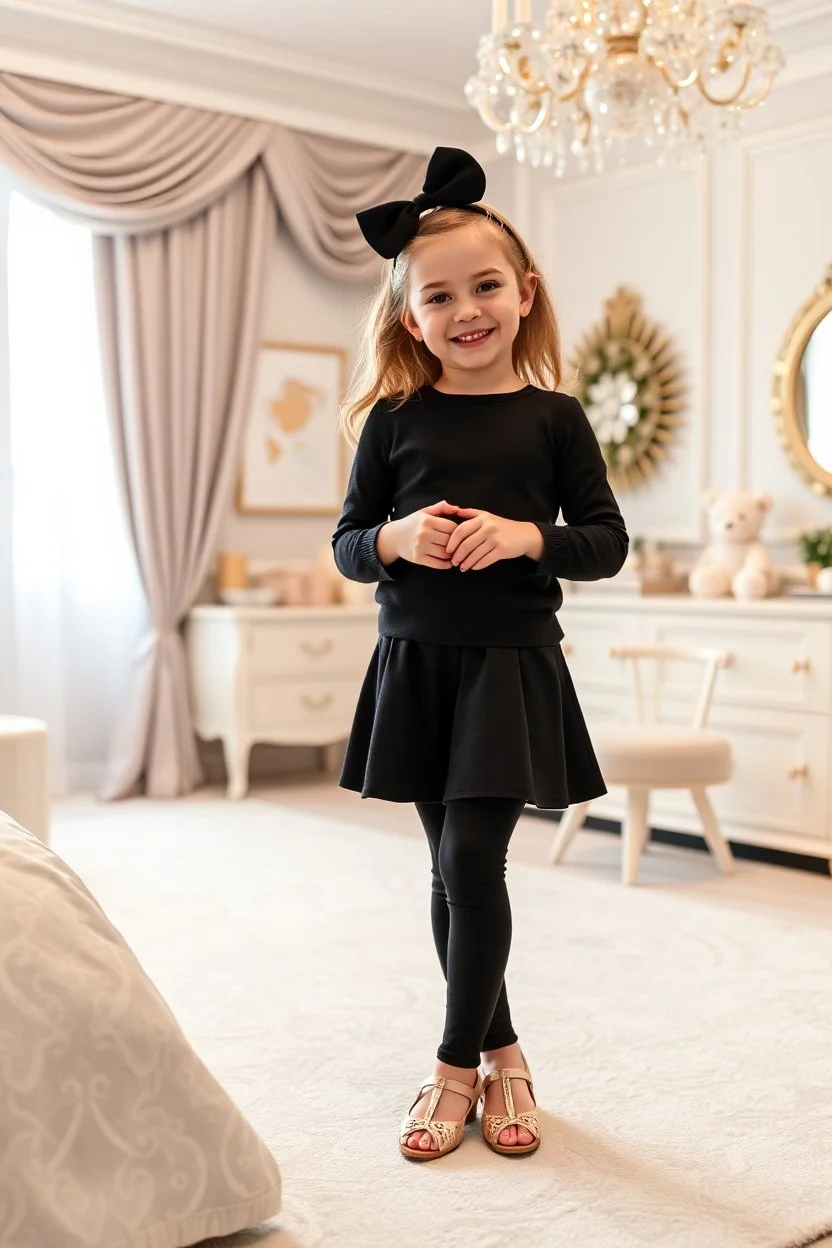 a 6 years old girl in modern clothing and makeup standing pose with cute and joy with pertty shoes in a very large luxury baby bedroom