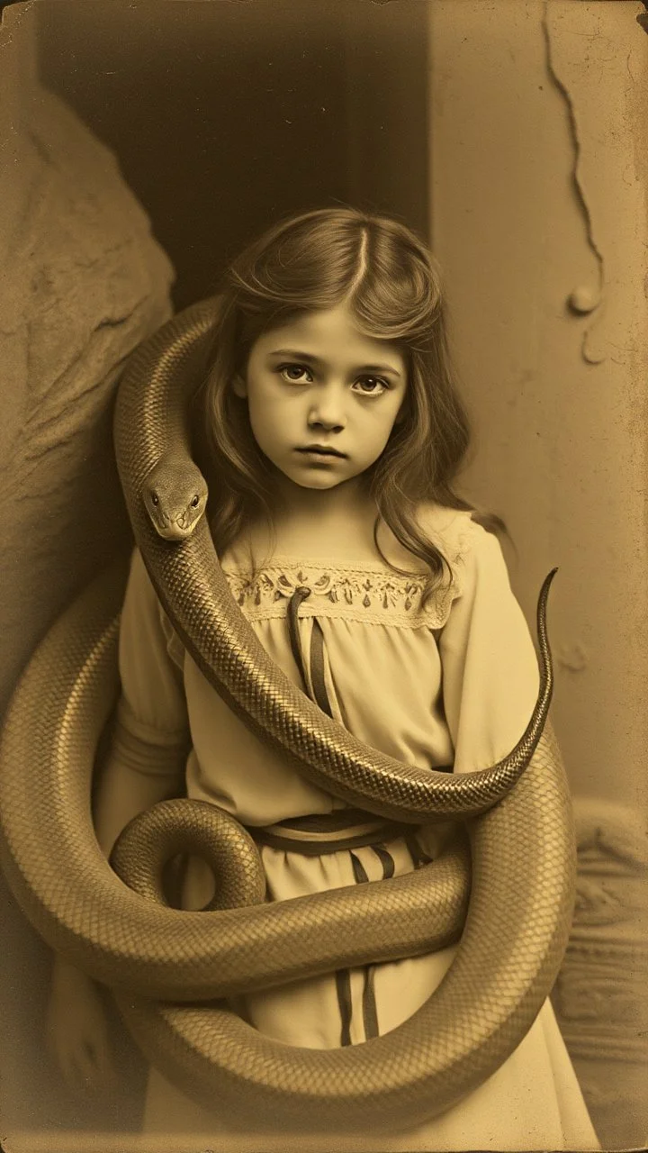 An old picture style of brown and white mono tone picture very bad quality looks very old camera picture of a girl surrounded snake around her the year 1900