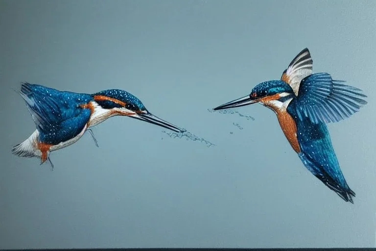 A beautiful kingfisher diving out of water, fish in beak. Waterpearls on feathers. Highly detailed, smooth colours, realistic landscape