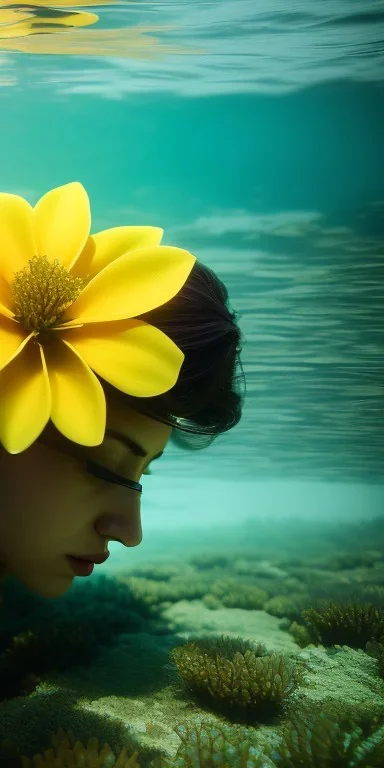 Fenasi Kerim underwater with yellow flowers for hair, closed eyes, rtx, reflection, 8k, glow, winning photography, caustics