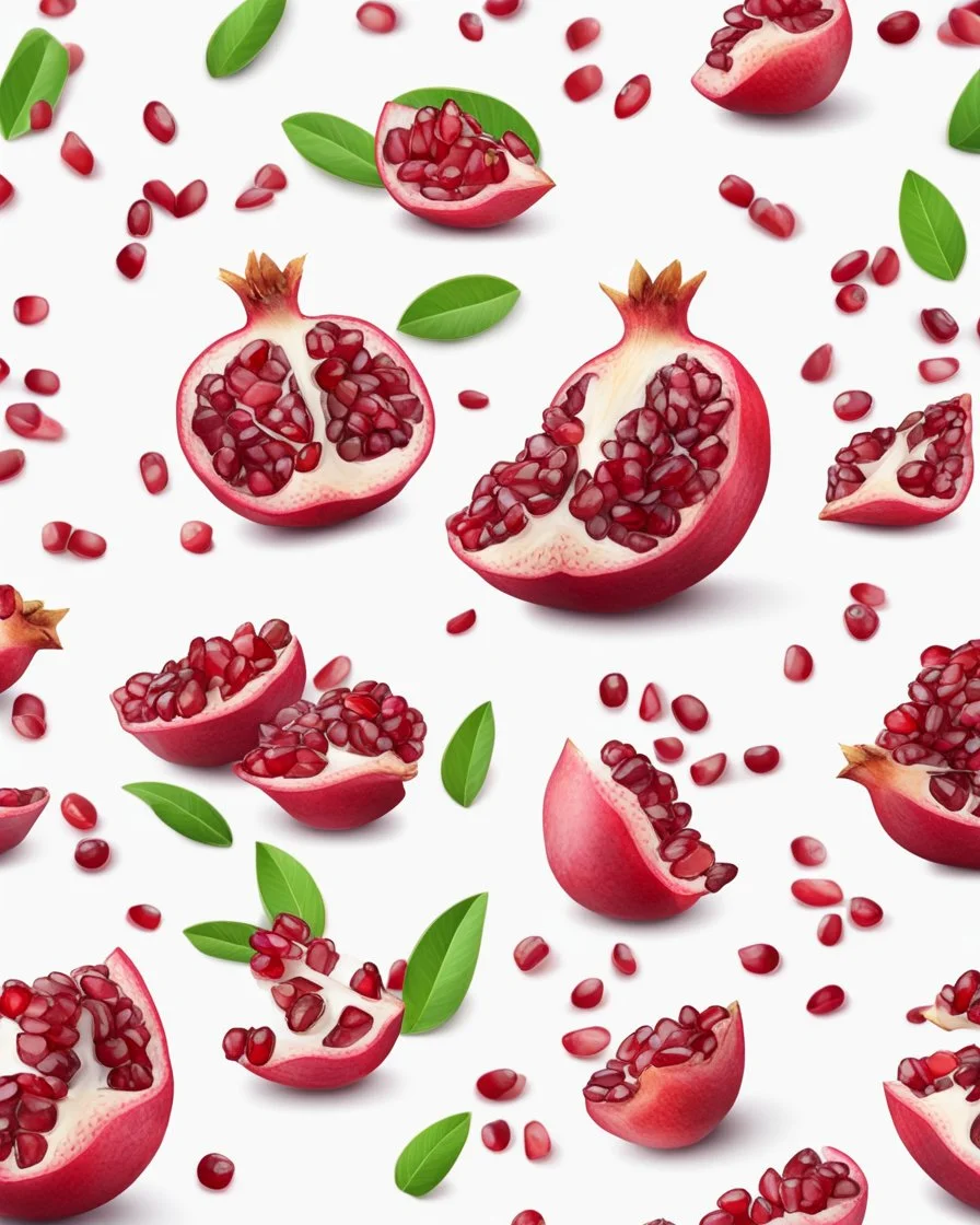 pomegranate seeds are scattered on a white background