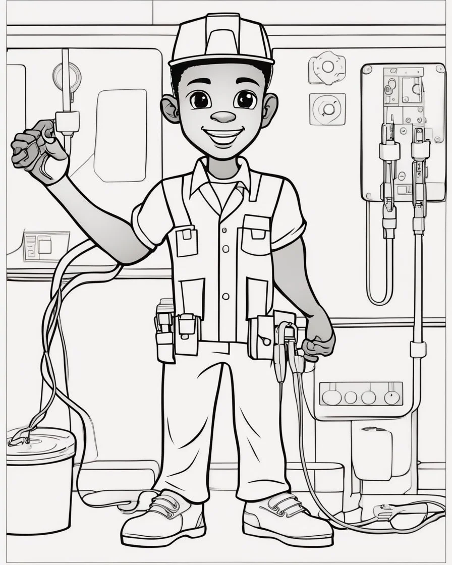 coloring page, depicting a black boy as a Electrician, full body, outline, black and white, highly defined, well defined, white background, empty background, cartoon style, coloring book style