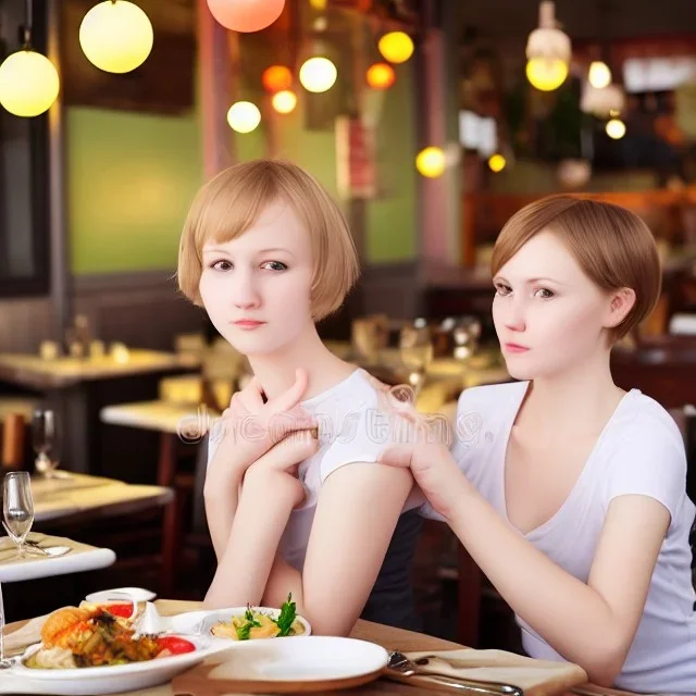 Realistic photo Russian shorthair beautiful 20-years tomboy boyish boylike young wife wide hips in restaurant with daughter