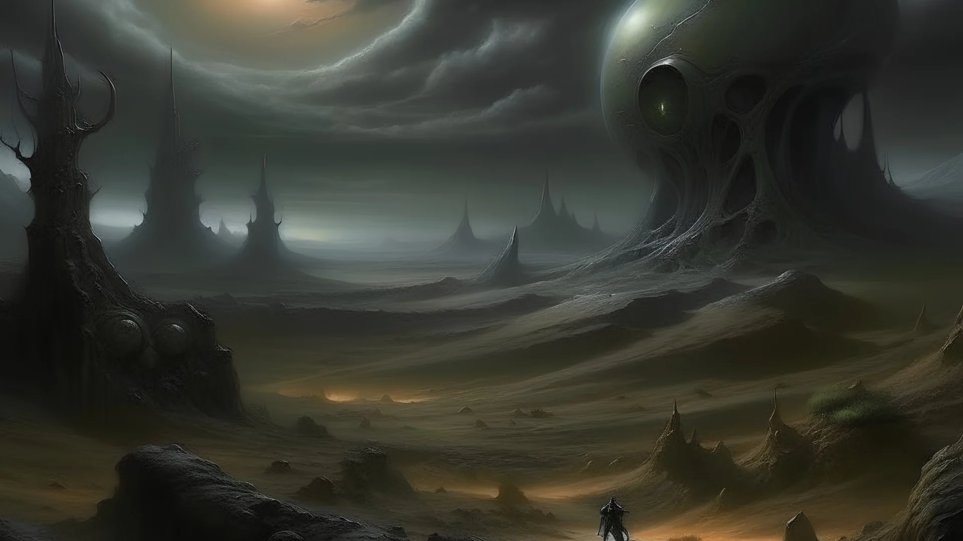 /imagine prompt: haunting extraterrestrial landscape, Paleogene Period, painting by Boris Groh --ar 16:9 --repeat 2 --weird 1000 --chaos 25 --s 500 --iw 1 --q 2