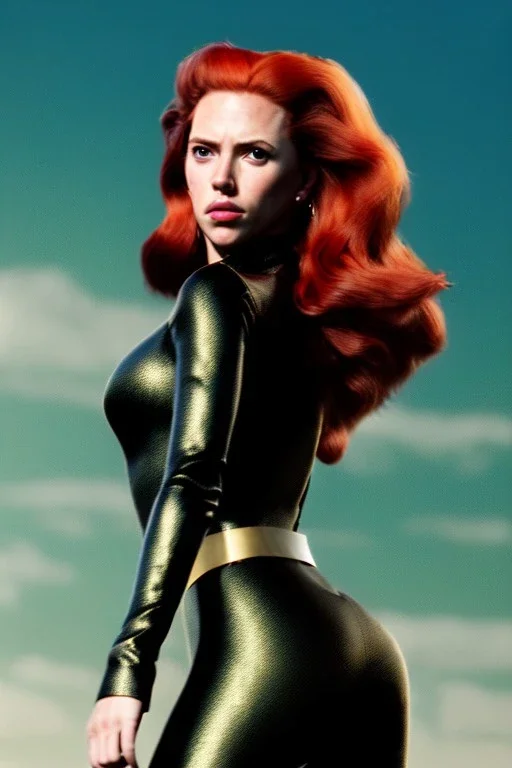 retro portrait image from 1960, sky background, wind, long red hair, fighting stance, sweet young Scarlett Johansson, black dress, classic long tight lycra black suit, gold bracelet and belt, high heel boots, superhero style, soft color, highly detailed, unreal engine 5, ray tracing, RTX, lumen lighting, ultra detail, volumetric lighting, 3d, finely drawn, high definition, high resolution.