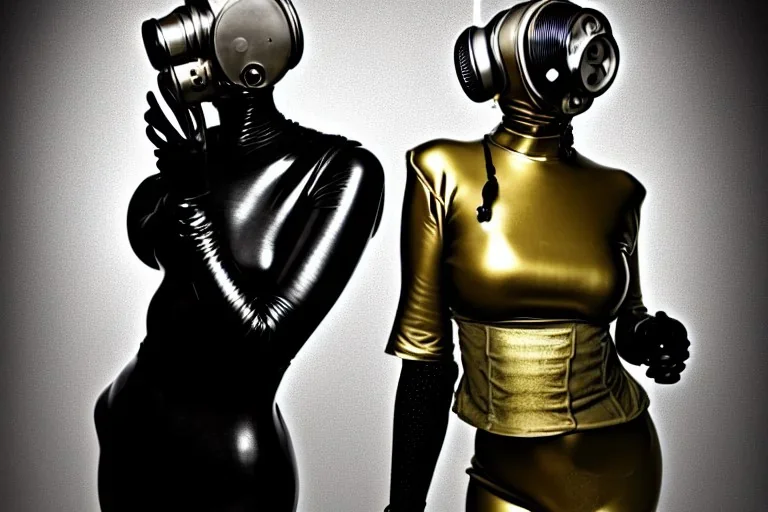 Golden to grey surfaces body, latex. Tendril-gas-mask-Synthesizer-proboscis-laundry. Knight, lighty armored bodies. Metallic headphones and speakers. Asa Akira interview. Old-fashioned cameras integrated to heads. simple faces. Strange Steam-punk Silver tumbler hands! Dystopia perfect body. Mind-download from Enigma computer. Partly symmetrical in relation to the computer. Perfect golden ratio in all directions. Space-corruption. Steam-machines-plunge-tanks. Oppressive atmosphere. surveillance