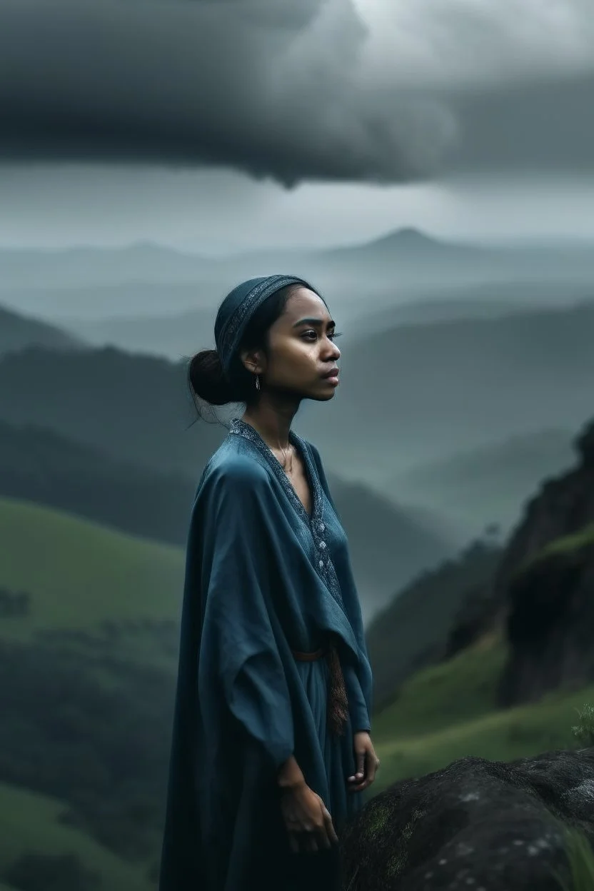 Wanita Indonesia cantik berdiri di tepi bukit saat hujan deras sendiri menatap langit