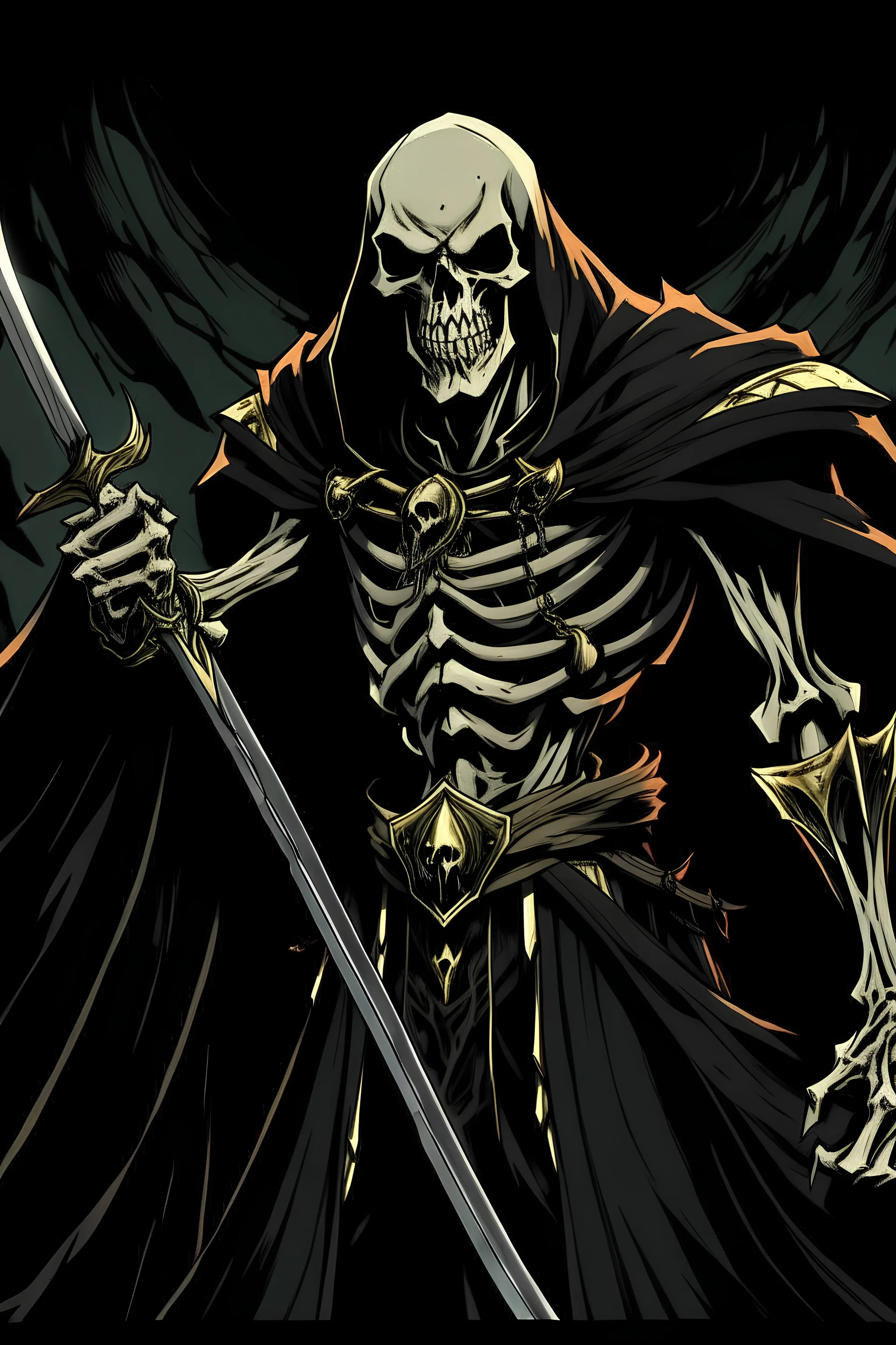 a demonic looking man with a sword in his hand, undead Skeleton king, dark souls, Skeleton king, overlord season 4, ainz ooal gown, king of time reaper, overlord, lich vecna (d&d), dark and foreboding, from overlord, scary knight, large black smile Overlord, swinging sword