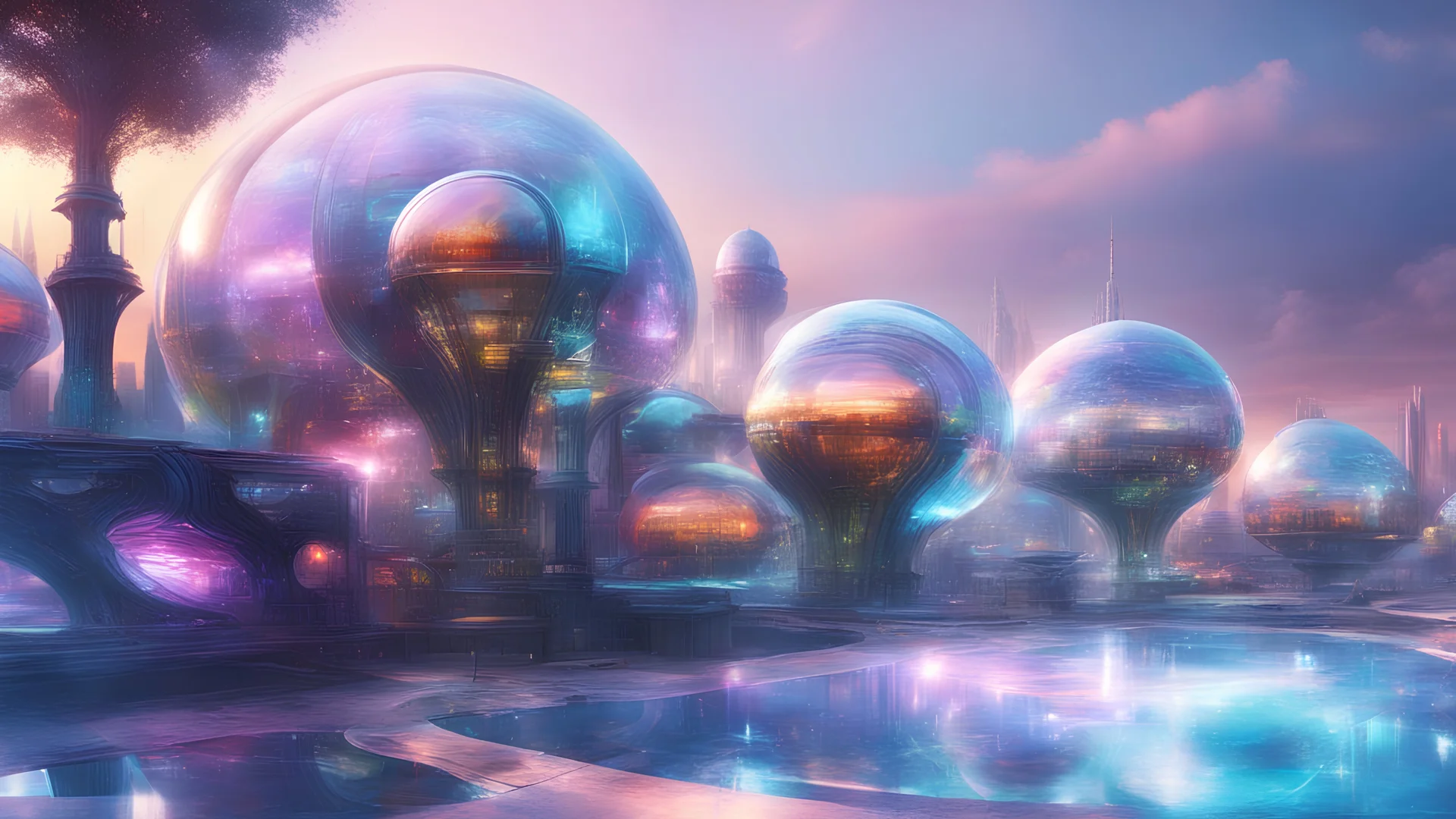 colorful futuristic city, transparent iridescent ufos, ethereal domes