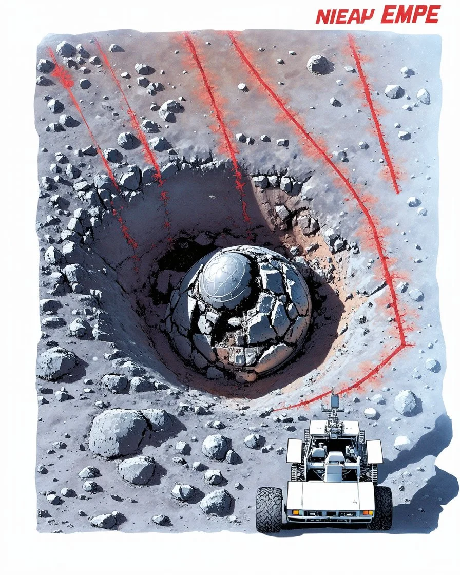 High-altitude lunar reconnaissance satellite image of a young impact crater. larger regolith along right ride. A massive damaged metallic alien sphere with fracture lines on the crater floor. Thin red organic growth radiates across regolith and up crater walls. At the lower frame edge outside the crater, a small modern white single-seat lunar vehicle sits near the rim with visible wheel tracks. Stark vacuum lighting, no atmosphere, pitch-black space, comic page pencils
