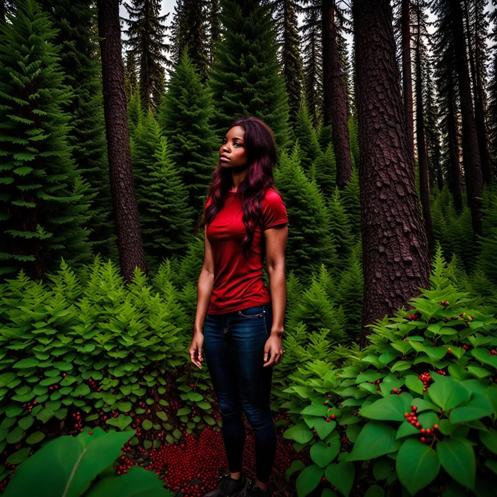 A person standing in a forested area in Alberta during the summer season, facing a patch of poison ivy. The plant has dark green leaves and small red berries that are clearly visible on its branches.