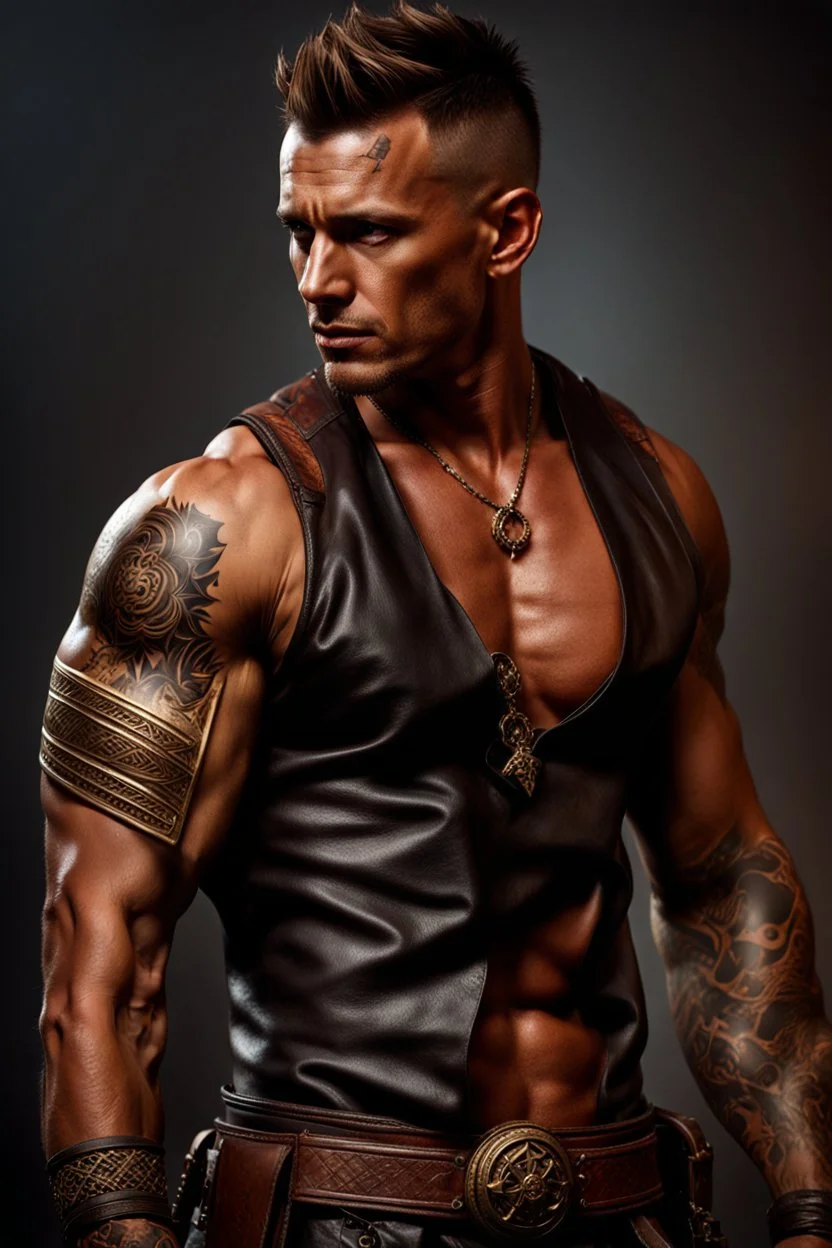 portrait of a 35 year old Handsome muscular mercenary with light bronze skin adorned with tattoos. dark fantasy. photorealistic