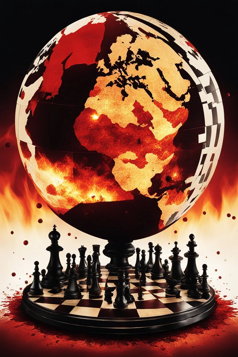 [CD album cover] BLOOD, PAIN, AGONY: a large, shattered globe in fire. each fragment of the globe represents a different country, with chess pieces resembling world leaders placed on top of these fragments.