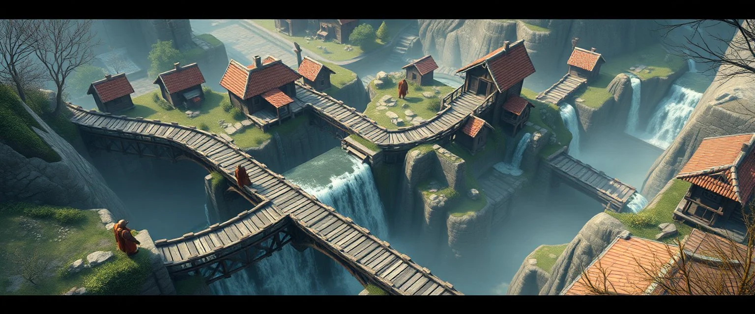 winding bridges in game waterfall and mill labyrinth landscape with houses and fog of war, monks looking up at camera, rhino monster man blocking bridge