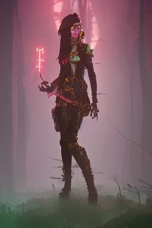 steampunk elf in a neon dystopian forest