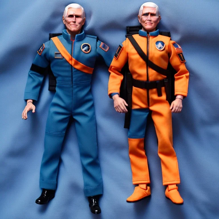 a large pile of face Mike Pence G.I. Joe toy Doll spaceforce uniform, orange blue fabric, pistol, wall packaging for sale, bright pricetag, finger, empty box