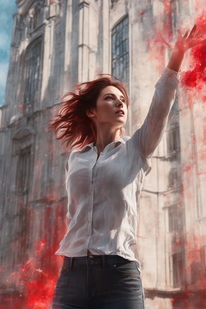 Photorealistic young woman standing, with arms raised, in front of a building at midday, with red auras around her