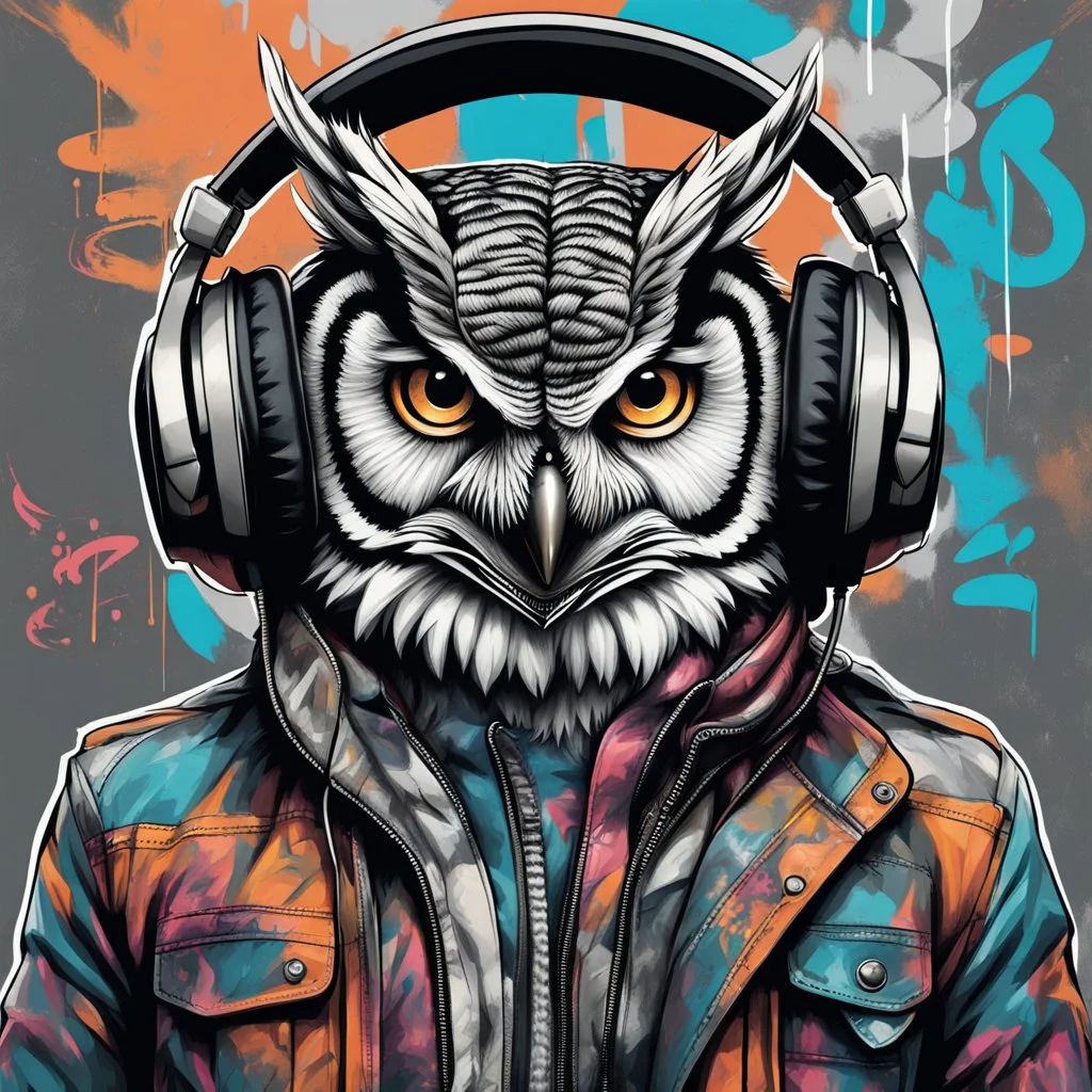 Illustrative sketch of a humanoid owl in music with headphones, ultra quality, hyper detailed, graffiti, concept art, maximalism, 8k