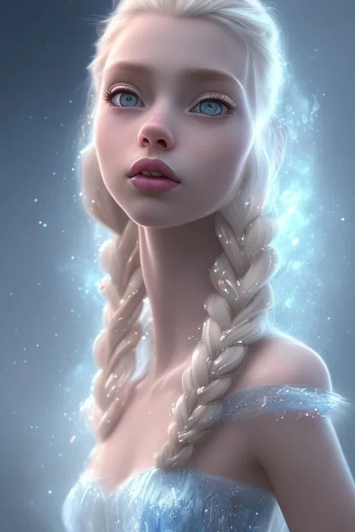 20 year old girl, cute, beautiful, blonde hair, Elsa braid, blue eyes, big eyes, pale skin, blue dress, ice dress, long eyelashes, pink lipstick, thin lips, small nose, 8k resolution concept art portrait by Greg Rutkowski