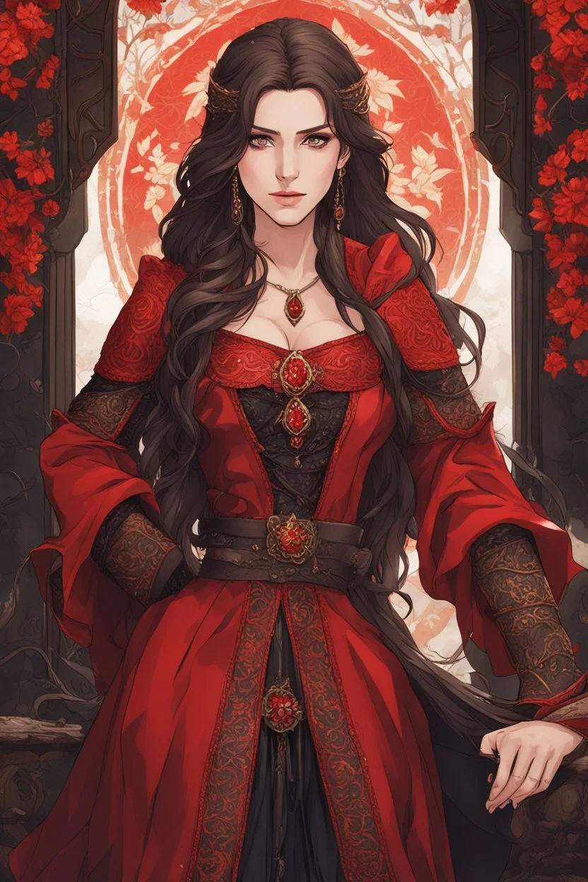 A (((beautiful woman with long, brown hair and red eyes))), in the Witcher universe, anime style, highly detailed, representing a (((royal medieval concubine))), clad in intricate ((red and black clothes)), set against a (detailed, anime-inspired backdrop)