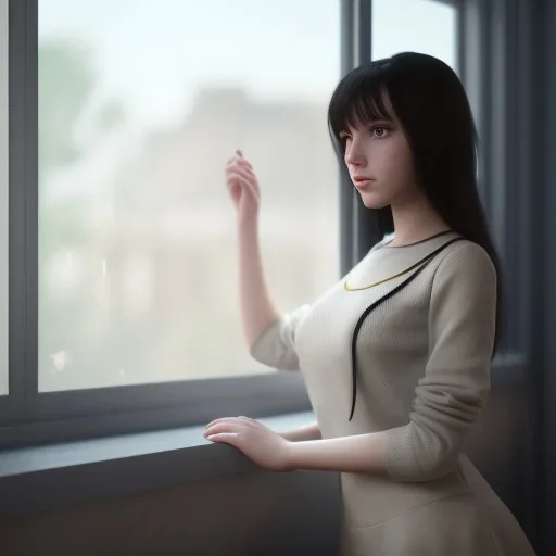 Study girl in university by the window ,movie, real photo realistic, unreal engine, cinematic lighting --ar 1:1 creative