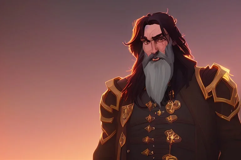 Other worldly boisterous long haired bearded tall middle-aged man wearing many gold rings and rugged long fur trimmed merchant's coat, dark background, dynamic lighting, full body character design