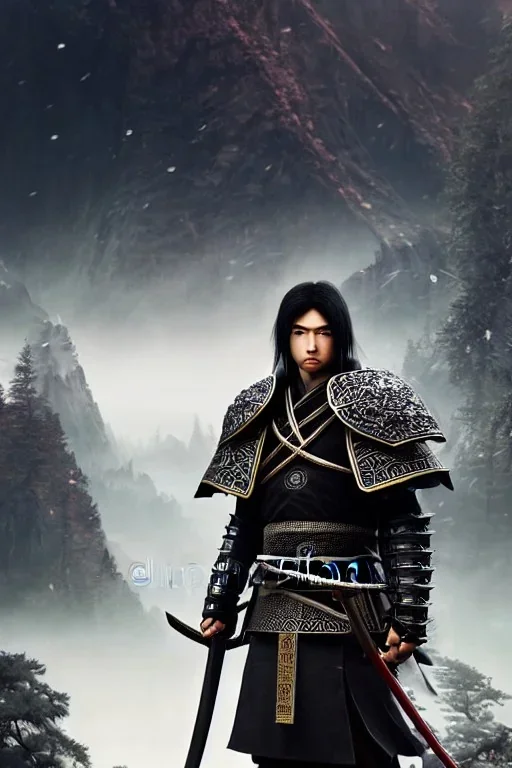 Detailed young samurai elven man, black hair, black leather armor, intricate details, full body portrait, keep head in frame, black Japanese motif, concept art, highly detailed, digital painting, concept art, sharp focus, illustration, HDR, octane render