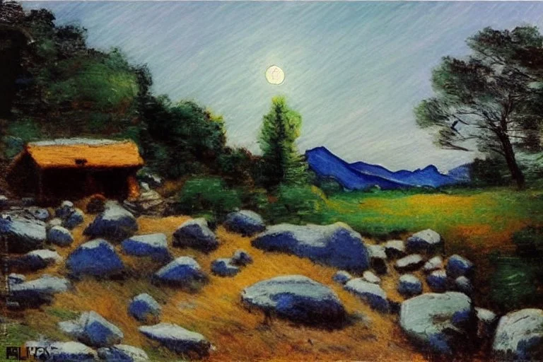 Night, moon, cabin, pathway, rocks, grass, trees, distant trees, distant mountains, lesser ury impressionism pianting