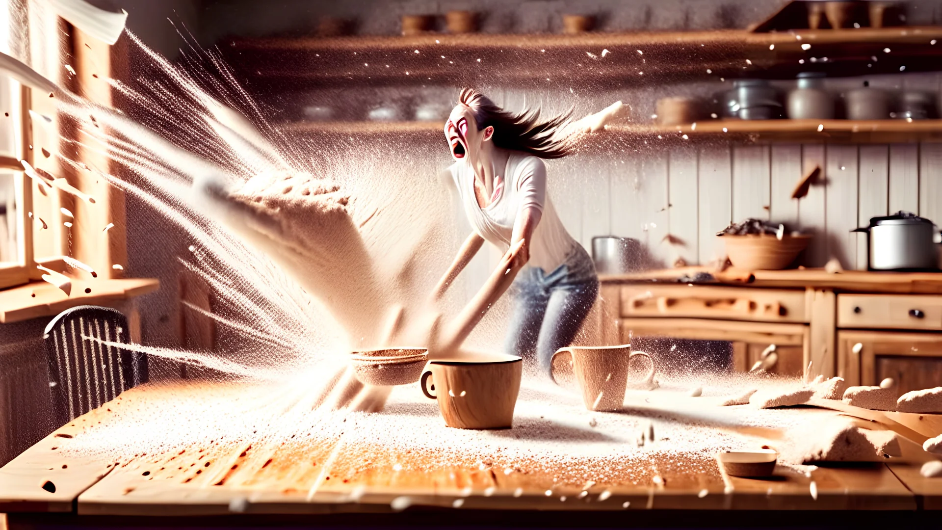 wooden table with invisible tabletop while woman sprinkles flour all over the room frantically