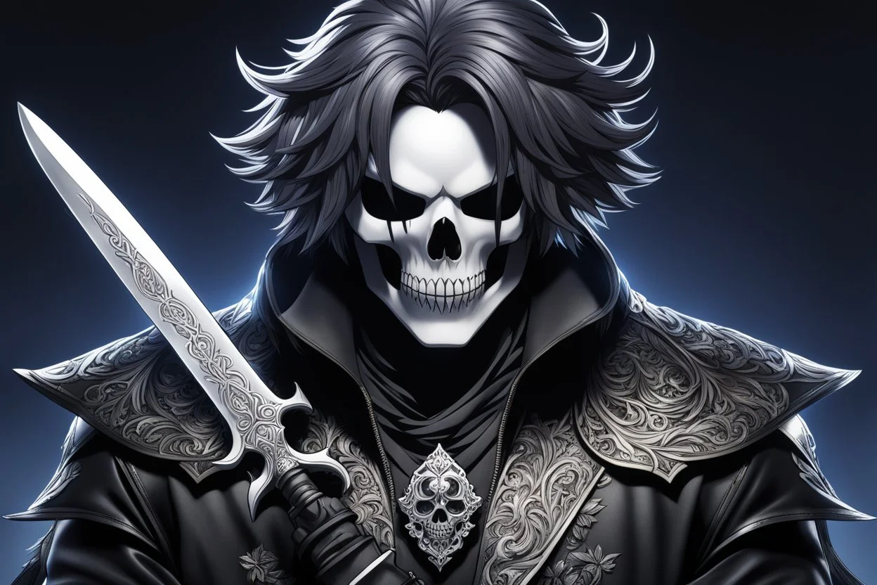 Logo skull, man hair , scissors, mask, cover face in 8k solo leveling shadow artist dynamic pose, oshare kei, hurufiyya, rtx, intricate details, highly detailed, high details, detailed portrait, masterpiece,ultra detailed, ultra quality