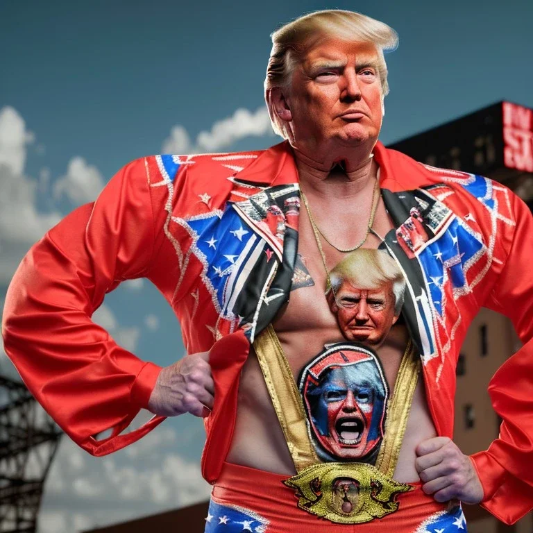 realistic image of donald trump as a mexican wrestling wrestler posing outdoors, dressed in retro mexican wrestling tights, mexican wrestling style eye mask, red and blue breeches, suspenders, retro style, 80s, vibrant color, highly detailed, sky background, concept art, unreal engine 5, god rays, ray tracing, RTX, lumen lighting, ultra detail, volumetric lighting, 3d, finely drawn, high definition, high resolution.