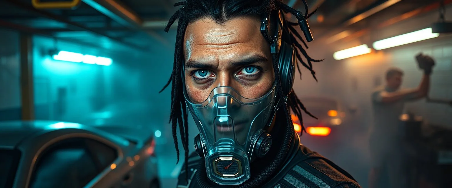 full figure portrait of young battle worn sweating indian ravnos clan vampire with deep hypnotic blue eyes in misty underground garage with parking robots and neon light, washer man with transparent acryl mask and hi pressure steam gadgets cleans cars and walls, walls are lined with neon lights, mechanic in weird suit washes walls and robots, a car that is burning inside is inside a car washing machine with big rolling brushes, smoke and debris, warped and twisted camera angle, dark asphal