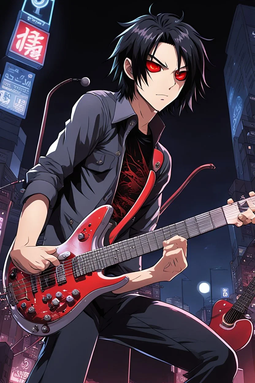 A 30 years old male guitarist playing electric guitar at a midnight concert, manly facial features, red creepy alien bug eyes, black hair, athletic build, correct hands, in the style of manga "Rosario+Vampire"