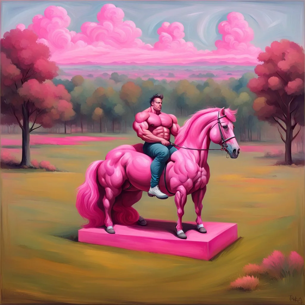 a big muscle man sitting on a pink horse.like 19th painting