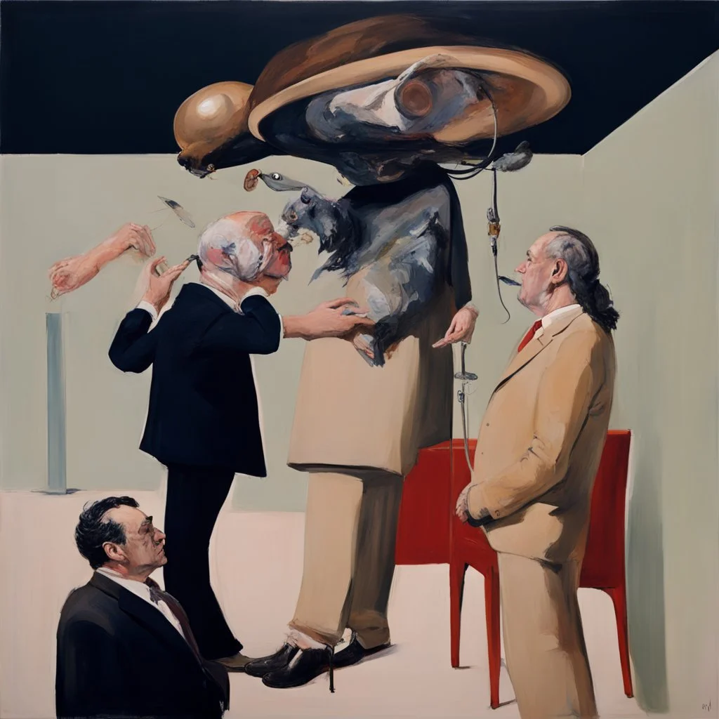 UN conference,a cat and human flesh-like surgical instruments and universe-like a pigeon and neuralink, surrealism,minimalism,Painting By Adrian Ghenie, Rene Magritte, Salvador Dali, Lucian Freud