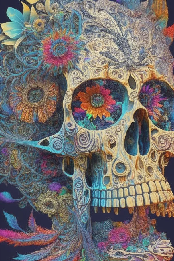 Artwork "freeing the ghost from the machine"; a trephined skull growing fractals made of mixed media such as feathers, foliage, flowers, and gemstones out of the opening; optical art; surreal; quilling, masterpiece, Intricate, provocative, psychedelic, Magnificent.