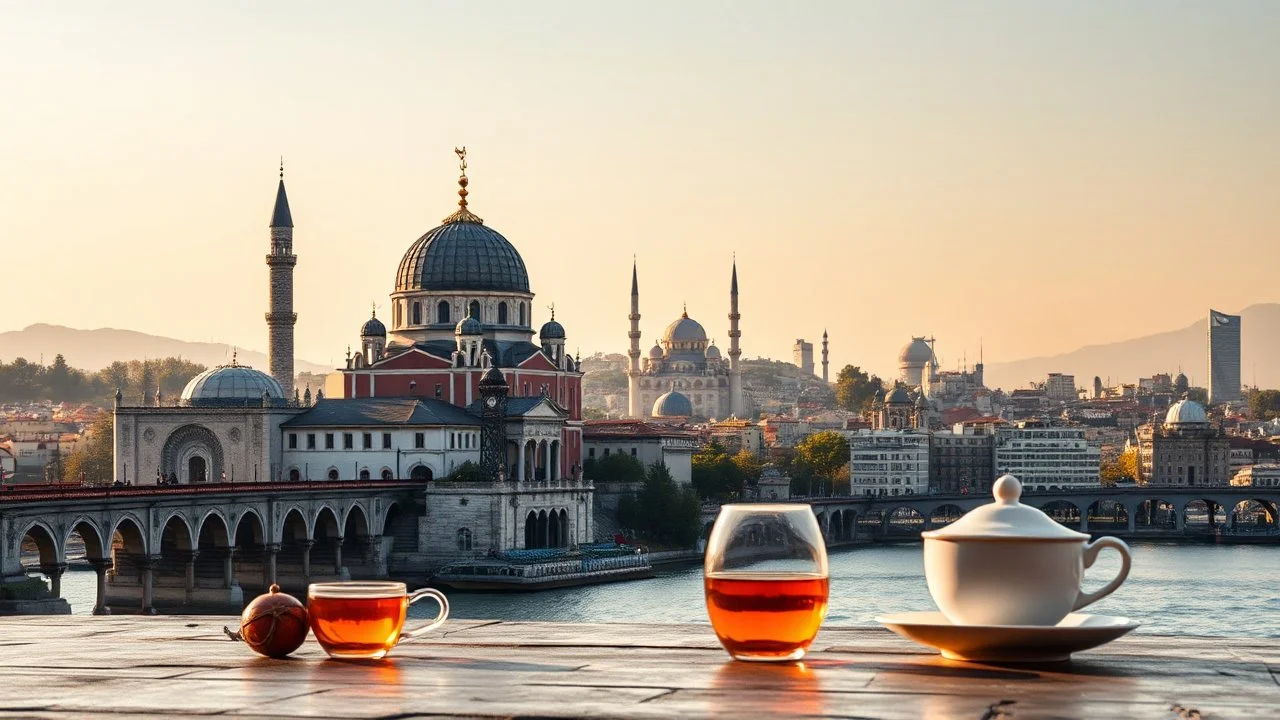 A symbolic image showing Turkey's culture as a bridge between Europe, Asia, and the Orient. Combine old and new: traditional domes, oriental ornaments, and tea with modern skylines and distant landscapes. Warm light, rich colors, harmony between tradition and modernity, no people, no text.