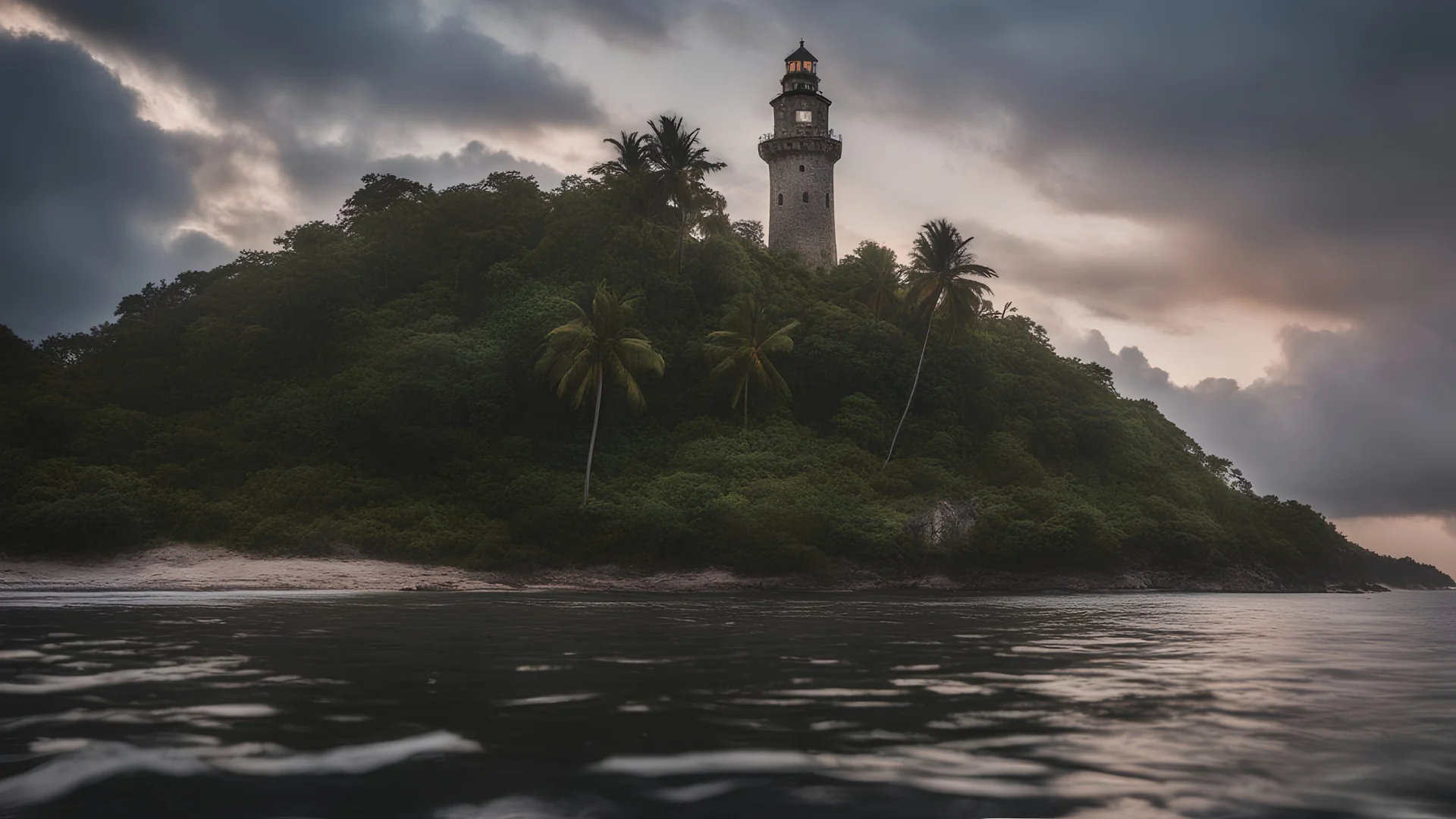 Photoreal magnificent shot from below the water surface of the sea of a gargantuan enormous towering medieval light house on an exotic caribbean jungle island at golden hour by lee jeffries, otherworldly creature, in the style of fantasy movies, photorealistic, shot on Hasselblad h6d-400c, zeiss prime lens, bokeh like f/0.8, tilt-shift lens 8k, high detail, smooth render, unreal engine 5, cinema 4d, HDR, dust effect, vivid colors