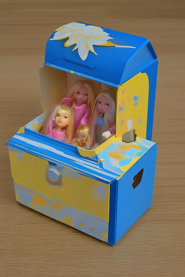 empty yellow and blue barbie doll box