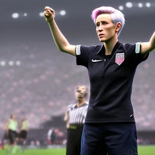 Megan Rapinoe in a referee jersey officiating for a soccer match at Wembley Stadium