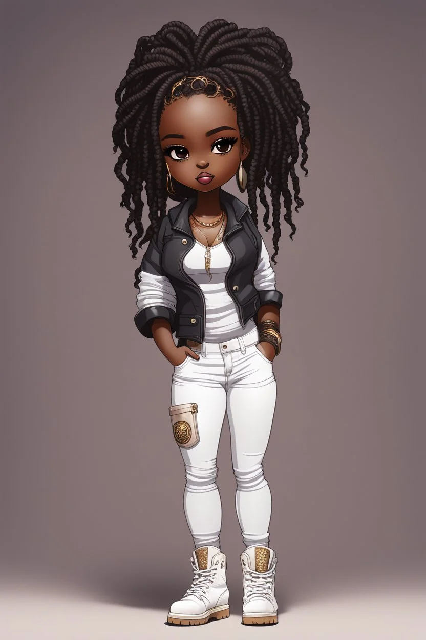 create a futurism art image of a curvy size chibi dark skinned Black female wearing a white jean outfit with timberland boots. Prominent make up with brown eyes. Highly detailed dread locs