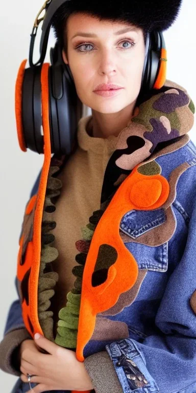 Brunette she. average body type. big head. Mantle is sewed of upcycled Denim and sewed together of camouflage pieces. Pieces' color are orange,terracotta, cream and purple. It is with big bright purple felt tippet and cream-colored-hood. mantle is merged with satchel. . Big AKG-style headphones (gold rings!) is merged with small felt cap with small visor. Style: Haute Couture in 1910's, Paris fashion in 2030, inspired by street art. Cream latex gaiter. Her head and rest body!