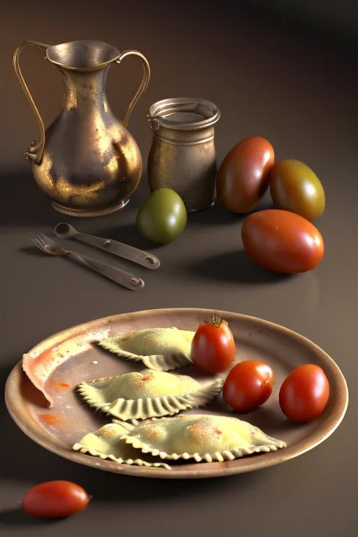 Ravioli by renaissance style still life oil painting, dish, natural tomato, albahaca, olives, oil olive, moisture, art, natural, ornaments, chef, high kitchen, smooth, gradient color background, unreal engine 5, ray tracing, RTX, lumen lighting, ultra detail, volumetric lighting, 3d.